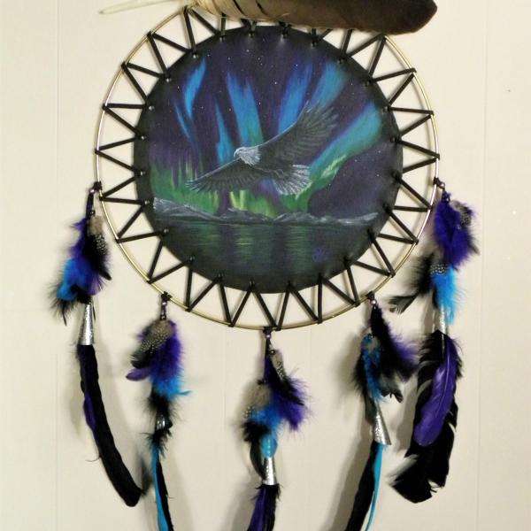 dreamcatcher, painted dreamcatcher, leather art, eagle feather