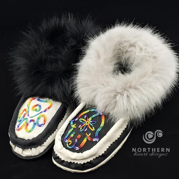 Vegan moccasin slippers with beading and faux fur
