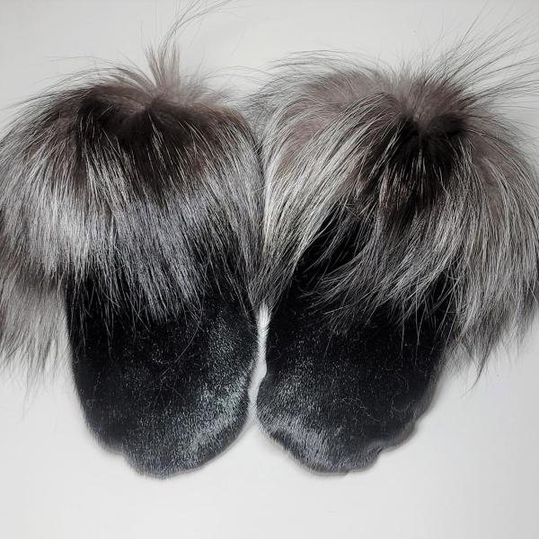 Black Seal Skin and silver Fox Fur trimmed mitts - Size Large