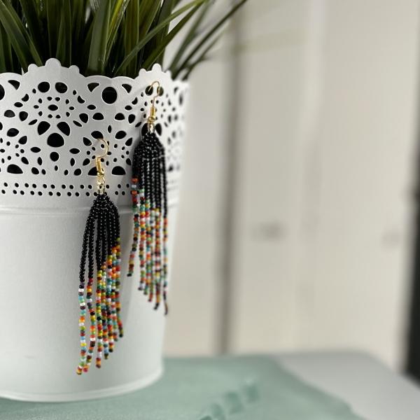 Rainbow with black beaded fringe  earrings 