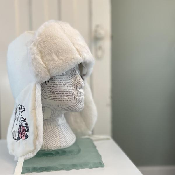 Vegan Faux Fur Trapper Hat with Raven Embroidery- Medium
