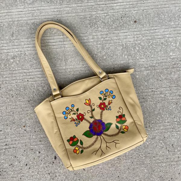 Hand painted Metis Flowers Leather Shoulder Bag 