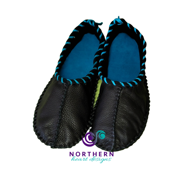 Black and Teal Deerskin Ballet-Style Flats, Ladies size 10.5
