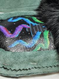 Moccasin slippers, leather painted designs, Ladies 9-10.
