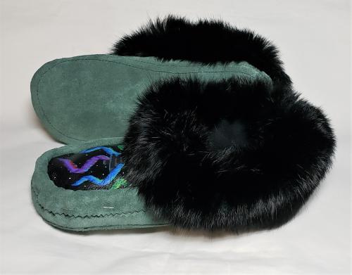 Moccasin slippers, leather painted designs, Ladies 9-10.