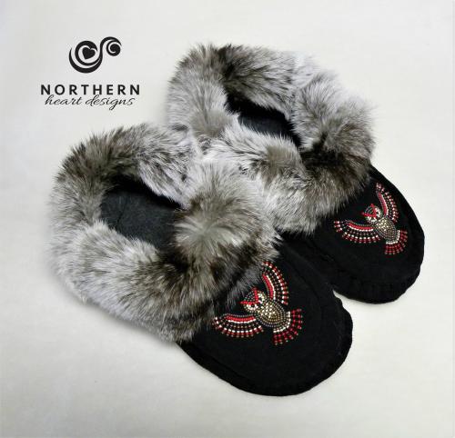 beaded moccasins, moccasin slippers, leather, fur, beading, handmade moccasins