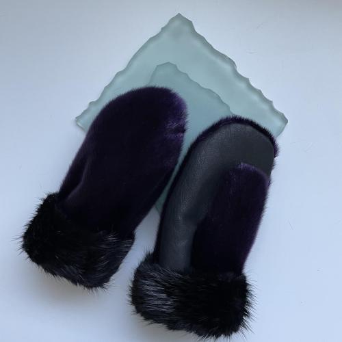Royal Purple Seal Skin and Black Beaver Fur trimmed mitts - Size Medium
